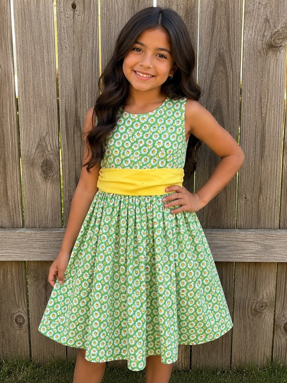 70s Handmade Vintage Daisy Green Yellow Polka Dot Sleeveless Summer Dress 8-12